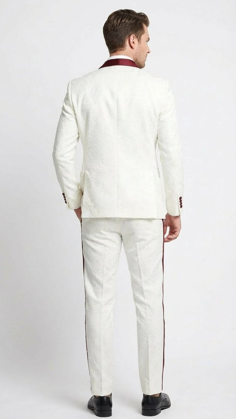 Men’s Ivory and Burgundy Jacquard Tuxedo Suit – Luxury Slim Fit 3-Piece Formal Wedding, Prom, and Gala Outfit in Cream Off White Color