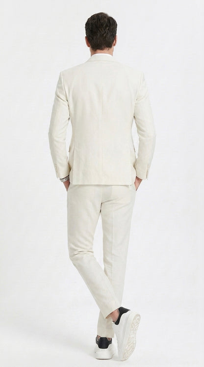 Men’s Ivory Cream Double Breasted Linen Suit – Off-White Summer Wedding Slim Fitted 2-Piece Suit Cream Color