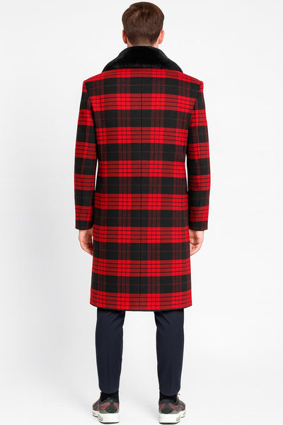 Mens Red and Black Plaid Wool Overcoat with Black Faux Fur Shawl Collar – Double-Breasted Winter Coat - Tartan Designs 2   - from alligatorwarehouse.com