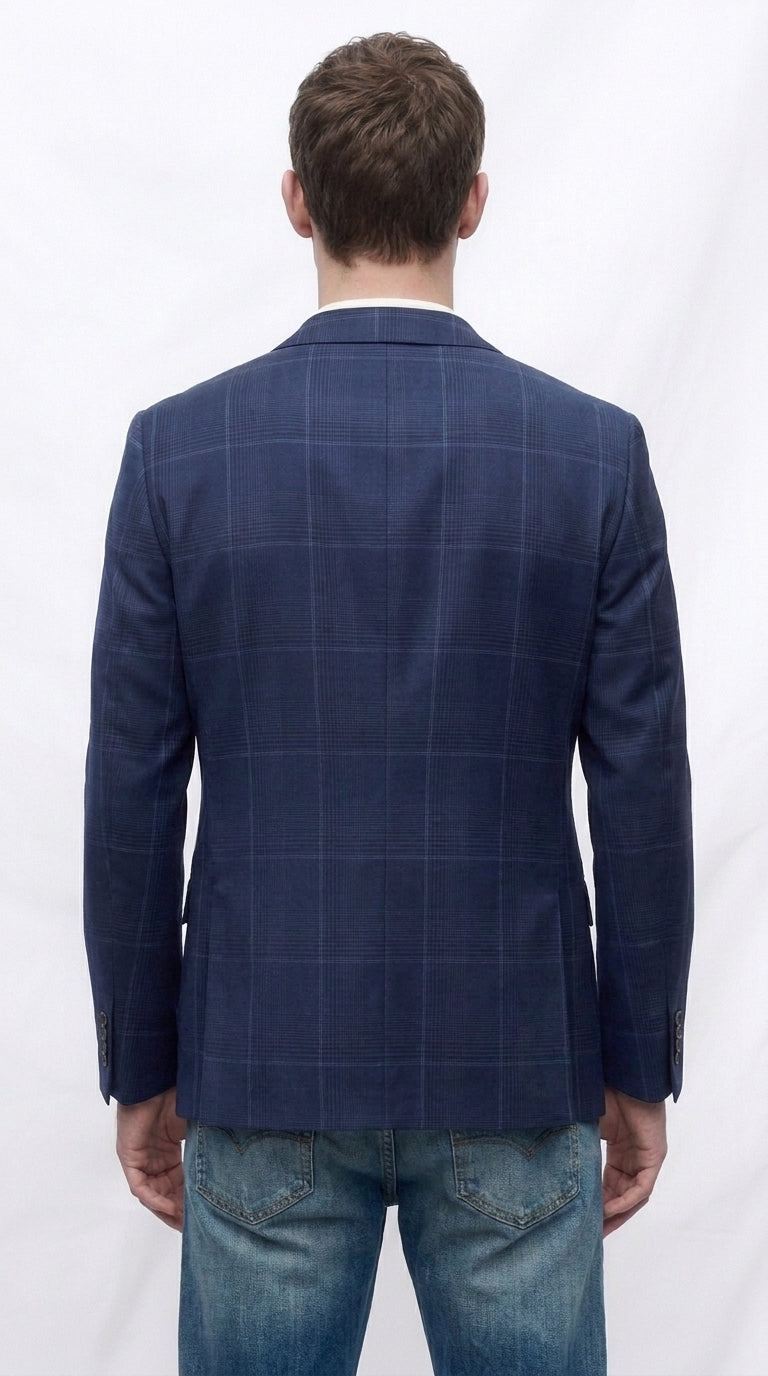 Men’s Navy Blue Plaid Wool Blazer – English Style Textured Wool Winter Sport Coat Windowpane pattern