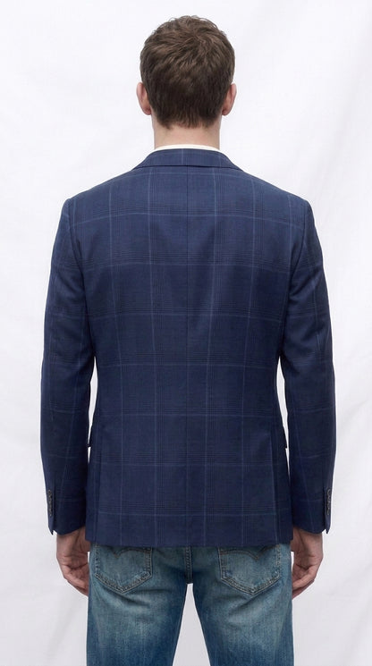 Men’s Navy Blue Plaid Wool Blazer – English Style Textured Wool Winter Sport Coat Windowpane pattern