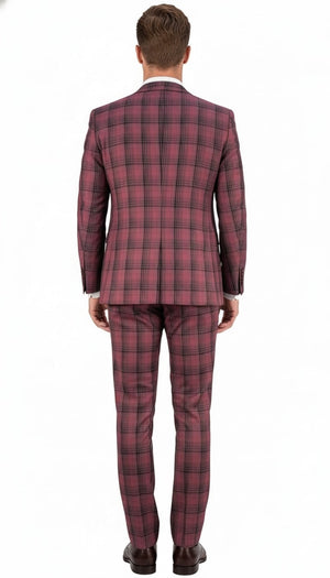 Mens Red Burgundy Plaid 3-Piece Suit – Classic Checkered Modern Fit Suit for Weddings, Church and Formal Events