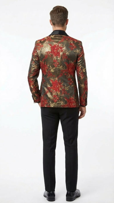 Men’s Red and Gold Floral Pattern Paisley  Shawl Lapel | Luxury Evening and Party Wear Jacket Prom Christmas New Year Blazer