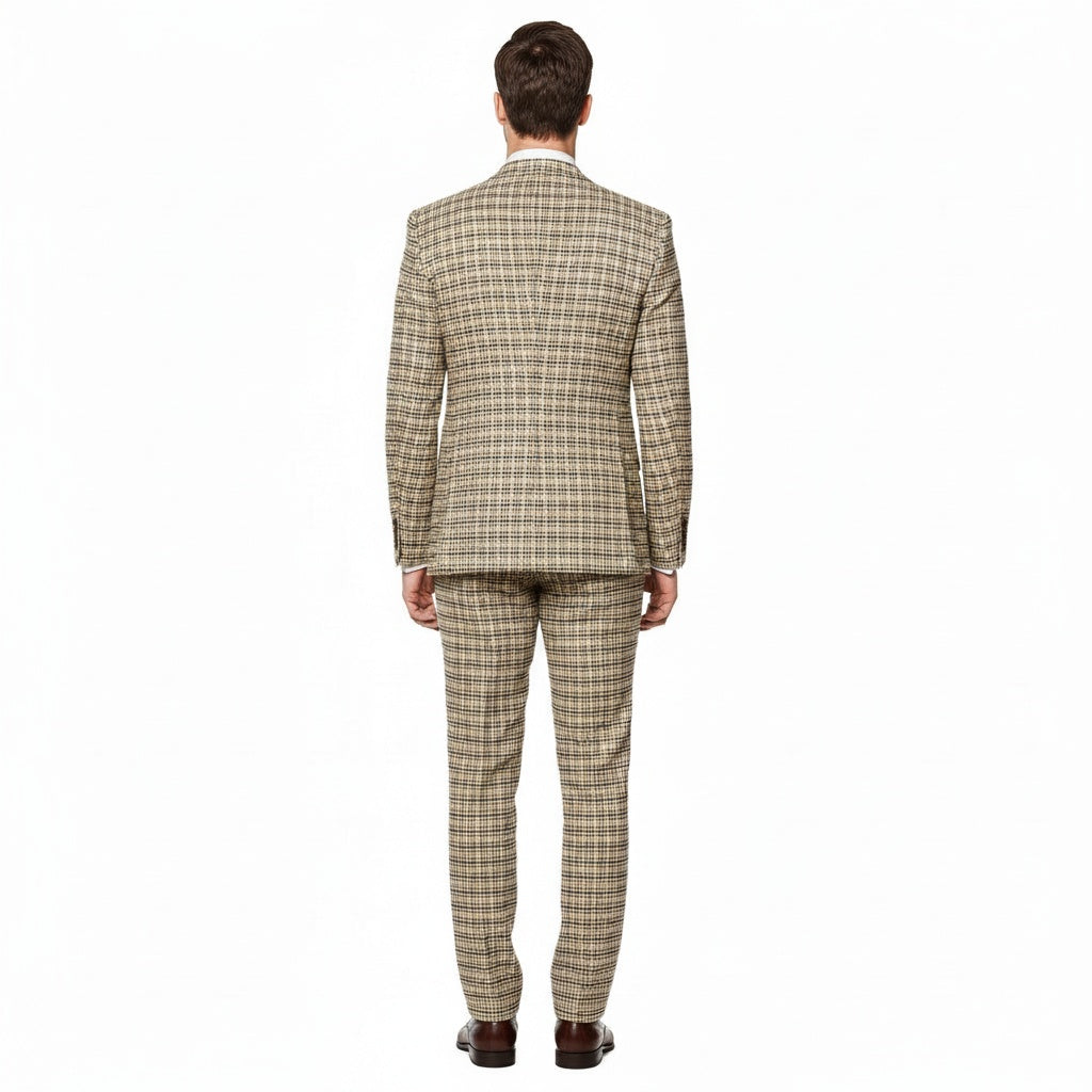 Men’s Beige and Navy Check 3-Piece Suit Set – Premium Tailored Fit Formal Wedding and Business Suit By Rossiman
