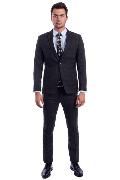 Men's Two Button Vested Skinny Fit Suit With Low Cut Vest In Black Plaid 2 DN-7774  - from alligatorwarehouse.com