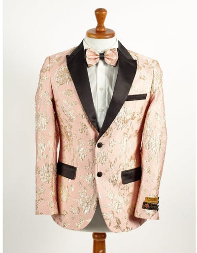 Mens 2 Button Light Baby Pink & Gold Floral Paisley Tuxedo Blazer 1 Party-Rose-Blazer-XS  - from alligatorwarehouse.com