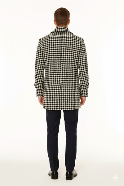 Mens Houndstooth Double-Breasted Overcoats – Classic Black and White Wool Blend Peacoat Wool Fabric 2   - from alligatorwarehouse.com