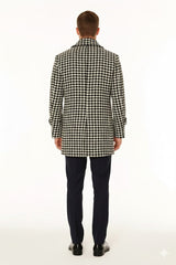 Mens Houndstooth Double-Breasted Overcoats – Classic Black and White Wool Blend Peacoat Wool Fabric