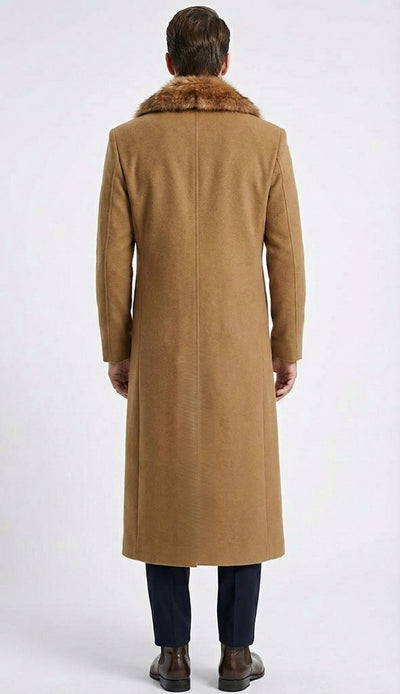 Men's Camel Brown Long Overcoat with Faux Fur Collar, Classic Winter Topcoat for Formal and Business Wear