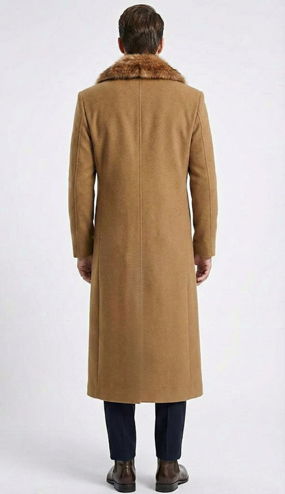 Men's Camel Brown Long Overcoat with Faux Fur Collar, Classic Winter Topcoat for Formal and Business Wear