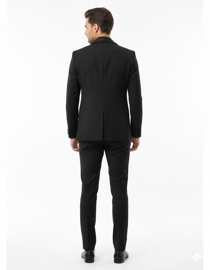 Mens Classic Black Designer Blazer with Beaded Lapel – Elegant Formal and Party Wear Dinner Jacket For Groom
