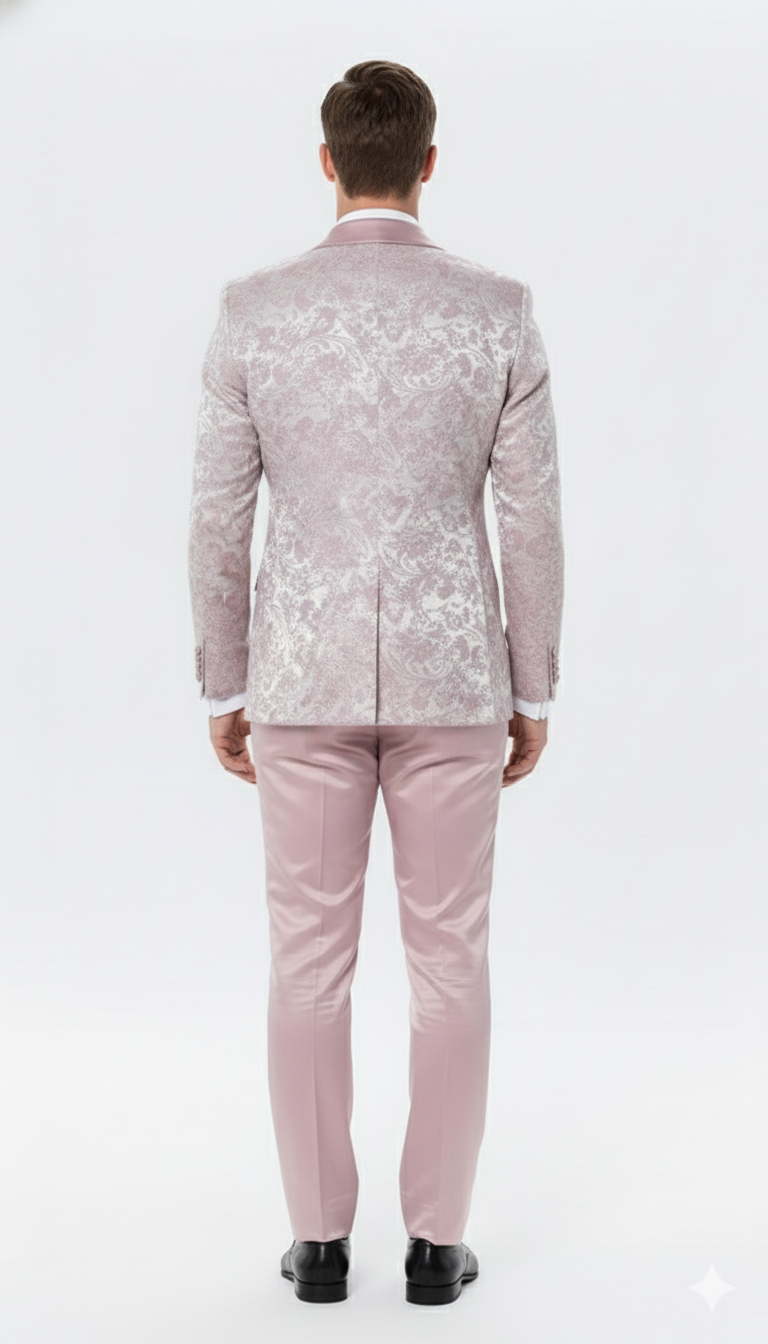 Men’s Light Pink Dusty Rose -  Floral Tuxedo Suit – Luxury Satin Shawl Lapel 3-Piece Formal Wedding and Prom Suit in Blush Mauve color