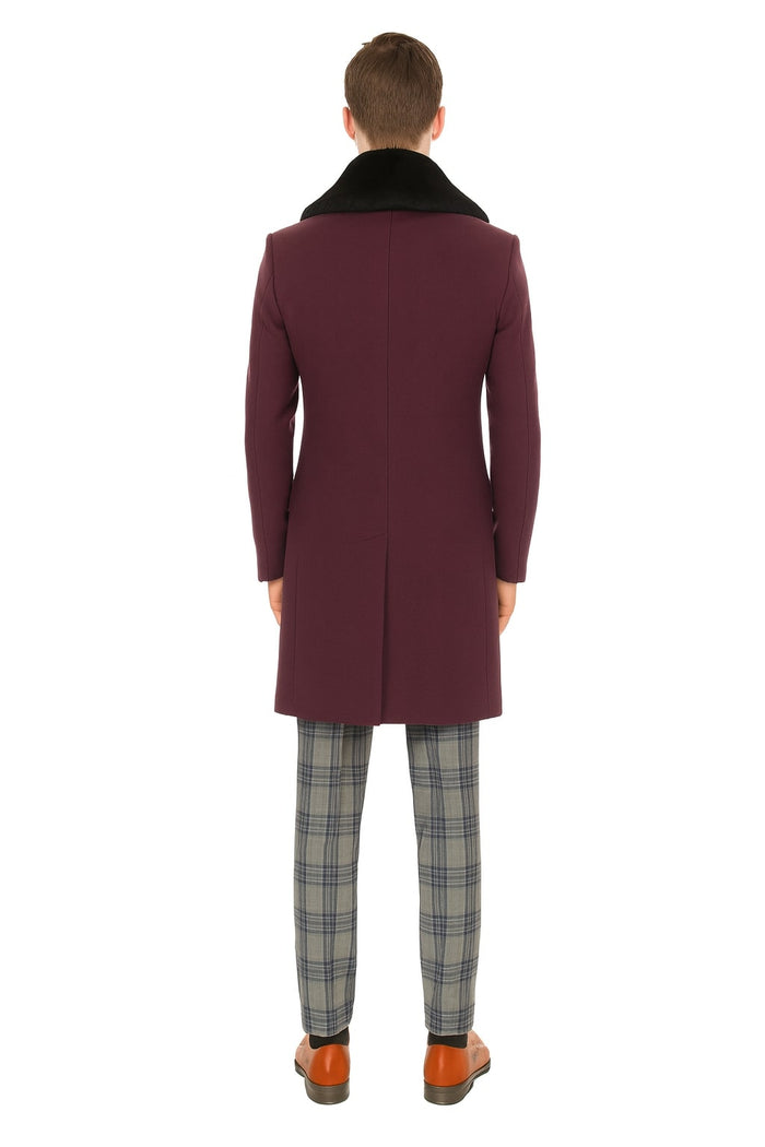 Mens Purple Wool Overcoat with Black Faux Fur Collar – Luxury Winter Dress Coat for Formal and Casual Wear