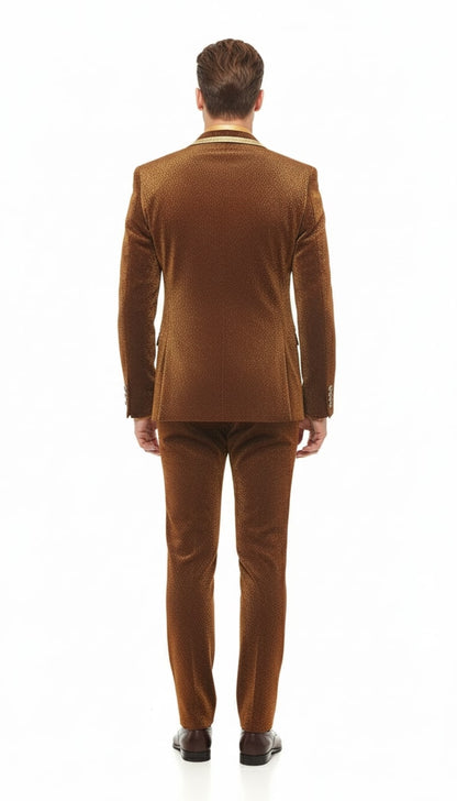 Mens Bronze Shiny Velvet Suit – Designer Party and Wedding Wear Blazer and Pant Set Brown and Gold Tuxedo