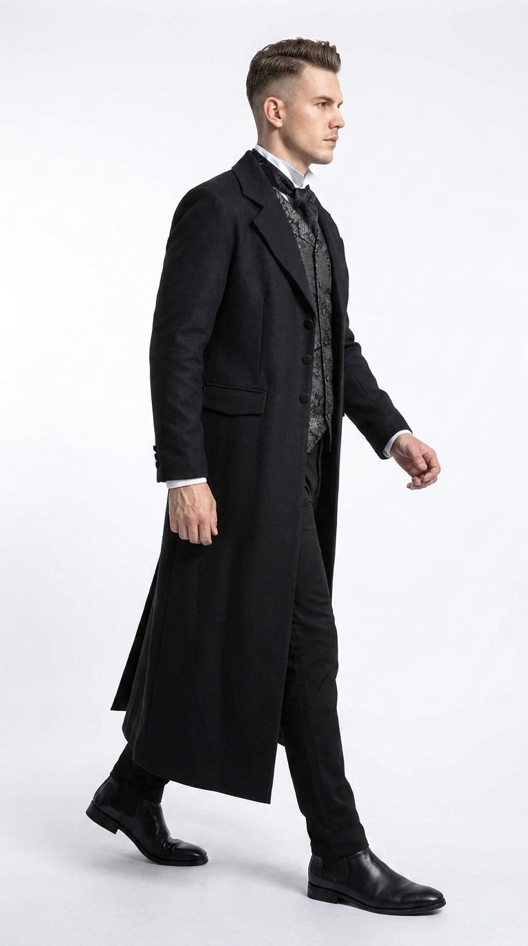 Men’s Matrix Neo Inspired Black Wool Duster Coat – Long Gothic Victorian Full Length Overcoat