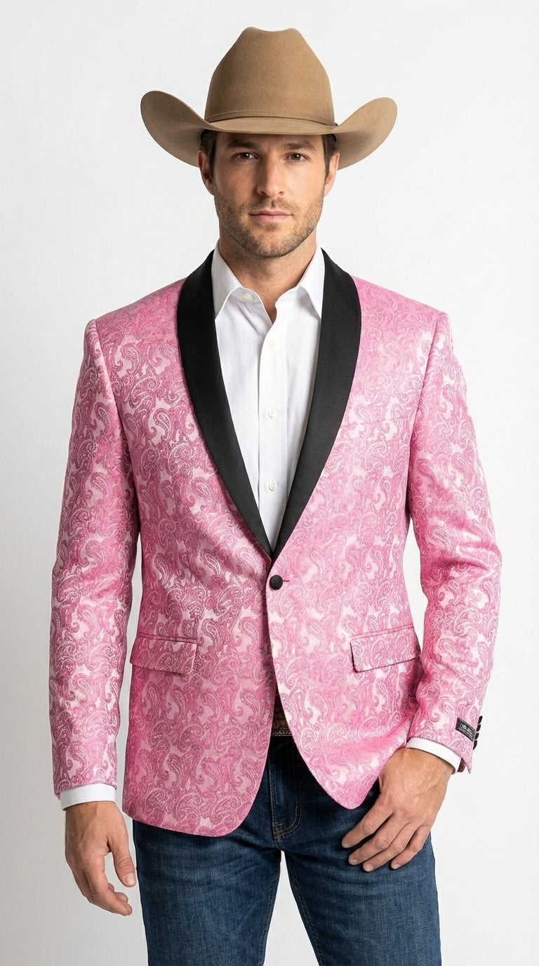 Mens Hot Pink Paisley Western Blazer Jacket – Stylish Pattern Formal Blazer with Black Shawl Lapel for Party, Wedding Cowboy Sportcoat