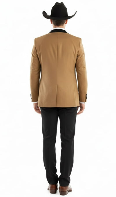 Mens Western Cowboy Tuxedo – Tan and Black 3-Piece Suit with Satin Lapel and Vest in Mocca Coffee Color 2   - from alligatorwarehouse.com