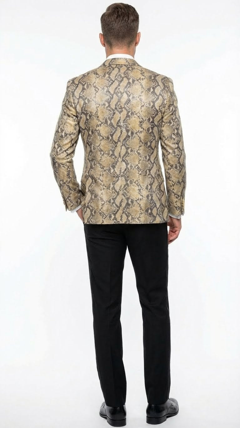 Men’s Beige and Black Snakeskin Print Blazer – Alligator Crocodile Exotic Sking Sport Coat Jacket in Tan Camel Color