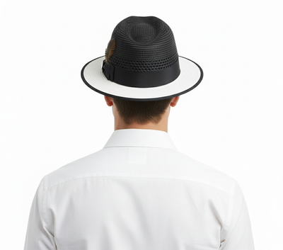 Men’s Two-Tone Black and White Fedora Hat with Feather Accent – Stylish Summer Dress Hat