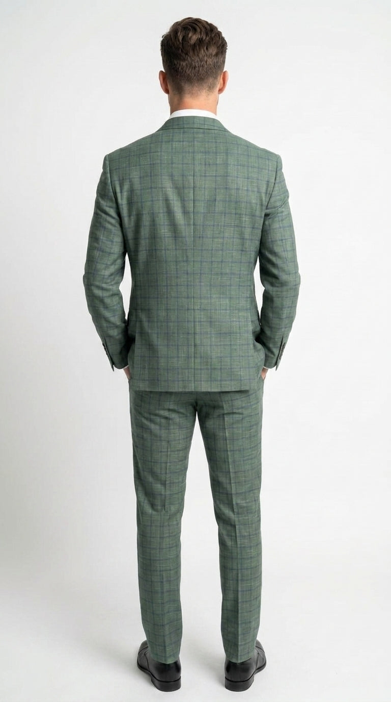 Men’s Tartan olive Green with blue checker Windowpane 2-Piece Suit – Modern Fit Plaid, Business and Formal Suit english styl