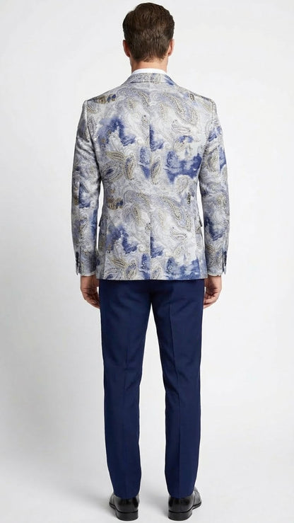 Men’s Navy Blue and Gray Paisley Print Blazer – Prom Jacket for Formal, Party, and Evening Wear