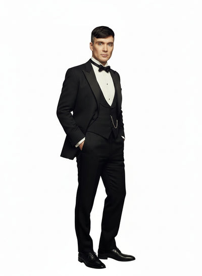 Men’s Black Peaky Blinders Style Three-Piece Tuxedo Suit – Classic Formal Suit with Blazer and Waistcoat Peak Lapel 1920s Style