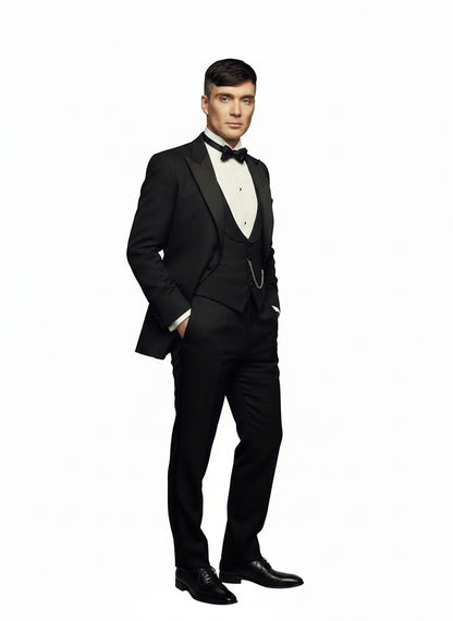 Men’s Black Peaky Blinders Style Three-Piece Tuxedo Suit – Classic Formal Suit with Blazer and Waistcoat Peak Lapel 1920s Style