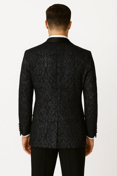 Mens Navy Black Glitter Floral Tuxedo Dinner Jacket with Satin Lapel- Blue Blazer Sequin Fabric 2   - from alligatorwarehouse.com