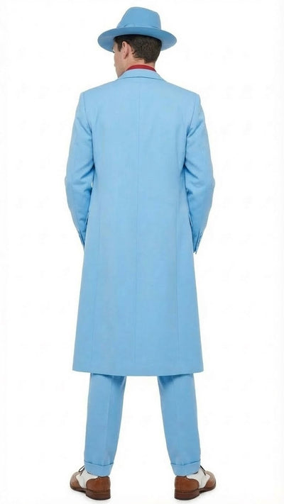 Men’s Light Blue 1920s Zoot Suit – Long Mafia Gangster Three-Piece Vintage Costume Set in Baby Powder Blue Color - Prom Wedding Suit