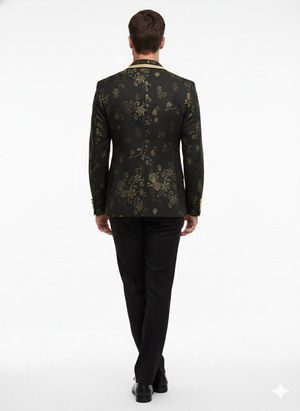 Men’s Black and Gold Embroidered Luxury Blazer – Designer Floral Pattern Wedding & Party Jacket (Sim534)