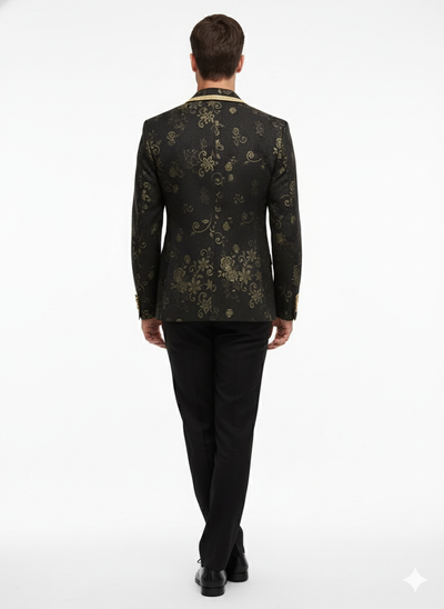 Men’s Black and Gold Embroidered Luxury Blazer – Designer Floral Pattern Wedding & Party Jacket (Sim534) 2   - from alligatorwarehouse.com