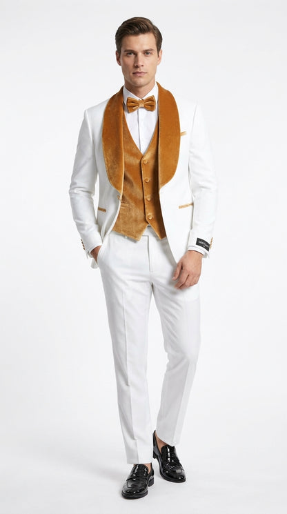 Men's White & Gold Tuxedo – Velvet Shawl Lapel 3 Piece Wedding & Prom Suit