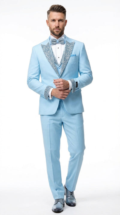 Mens Light Blue 3 Piece Prom Tuxedo – Sky Blue Formal Suit with Sequin Lapel Wedding Party Tuxedo Set in Baby Blue