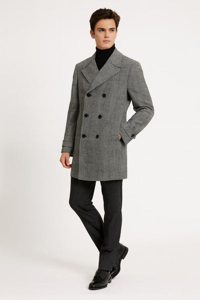 Mens Grey Plaid Double-Breasted Overcoat with Black Faux Fur Collar – Classic Winter Peacoat 2   - from alligatorwarehouse.com