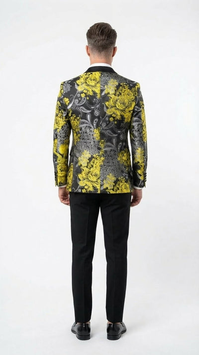 Men’s Yellow Tuxedo Black and Gold Floral Pattern Blazer | Formal Jacket - Prom Dinner Jacket + Black Pants + Bowtie