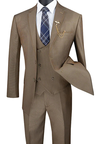 Men's Modern Fit Tuxedo Suit with Double Breasted Vest and Satin Trim in Khaki 1 F6-2782  - from alligatorwarehouse.com