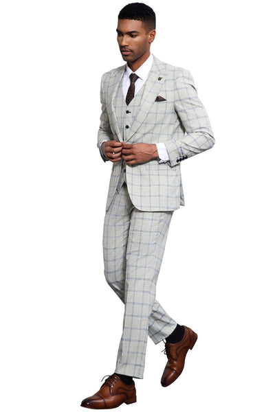 Men's Stacy Adams One Button Peak Lapel Vested Windowpane Plaid Suit in Grey & Blue 3 SM171H1-101-38R  - from alligatorwarehouse.com