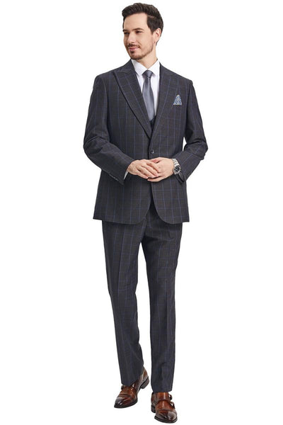 Men's Stacy Adams Peak Lapel Charcoal Grey Windowpane Plaid Suit with a Scoop Neck Vest 2 SM172H1-21-38R  - from alligatorwarehouse.com