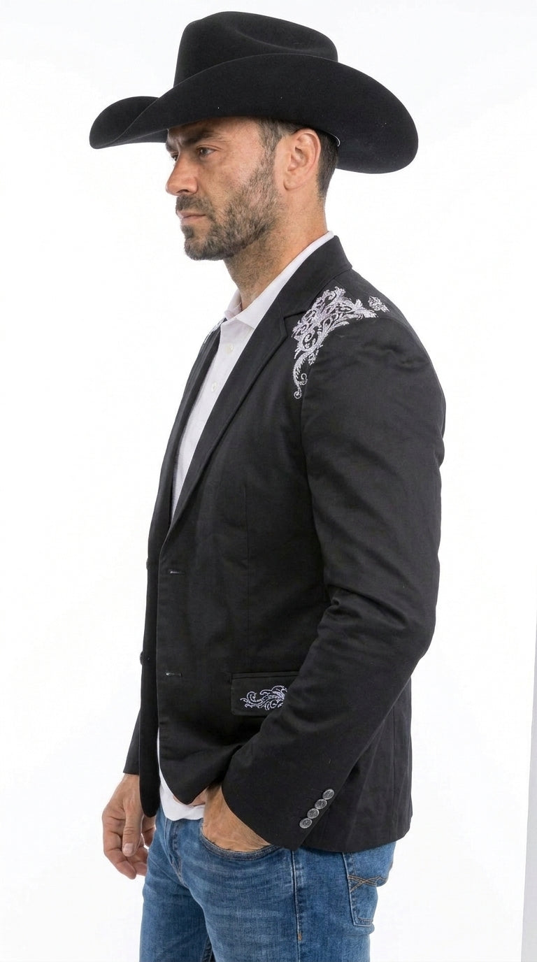 Men’s Black & White Western Blazer – Cowboy Sport Coat with Embroidered Shoulder & Back Design