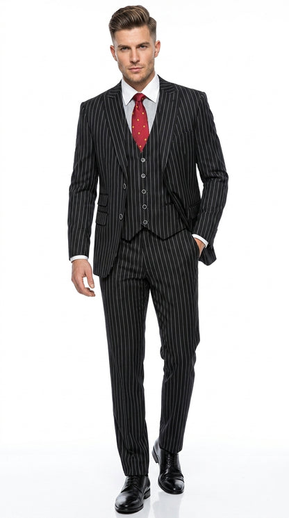 Men’s Beetlejuice Black Pinstripe 3 Piece Suit – Vintage Gothic Halloween Costume Suit