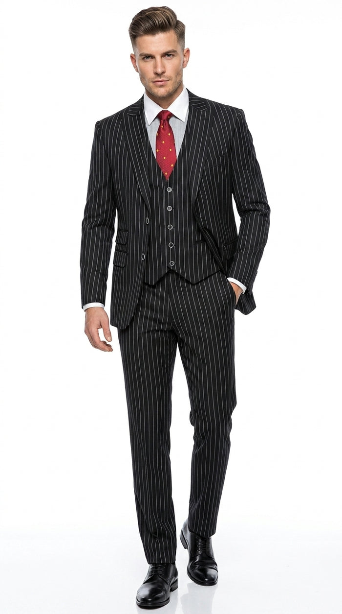 Men’s Beetlejuice Black Pinstripe 3 Piece Suit – Vintage Gothic Halloween Costume Suit