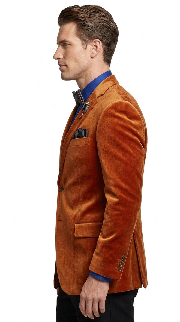 Men’s Burnt Orange Velvet Blazer – Kingsman Golden Bee Inspired Luxury Dinner Jacket