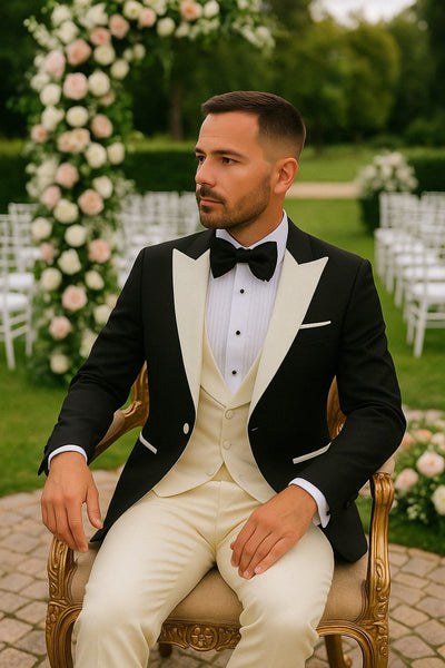 Mens Black and Ivory Tuxedo with Wide Shawl Lapel – 3 Piece Black and off White Lapel ! Vested Suit 3   - from alligatorwarehouse.com