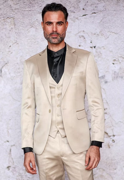 Mens 3-Piece Slim-Fit Shiny All Satin Suit Champagne 1   - from alligatorwarehouse.com