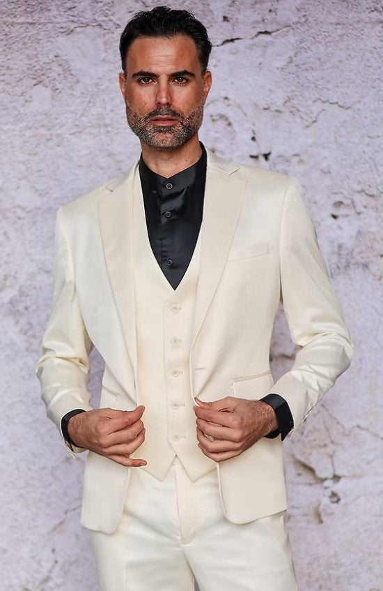 Mens 3-Piece Slim-Fit Shiny All Satin Suit Cream