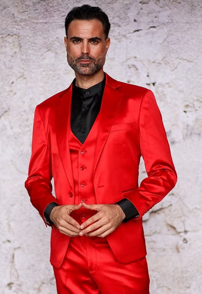 Mens 3-Piece Slim-Fit Shiny All Satin Suit Red 1   - from alligatorwarehouse.com