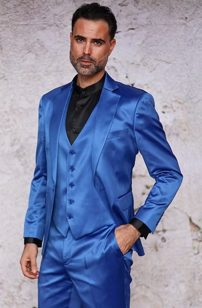 Mens 3-Piece Slim-Fit Shiny All Satin Suit Royal 1   - from alligatorwarehouse.com