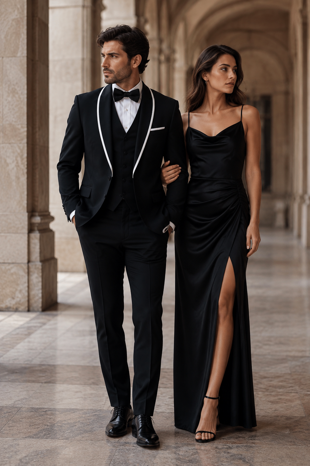 3-Piece Tailored Fit Wool Suit with Bow Tie and Flat Front Pants - Black
