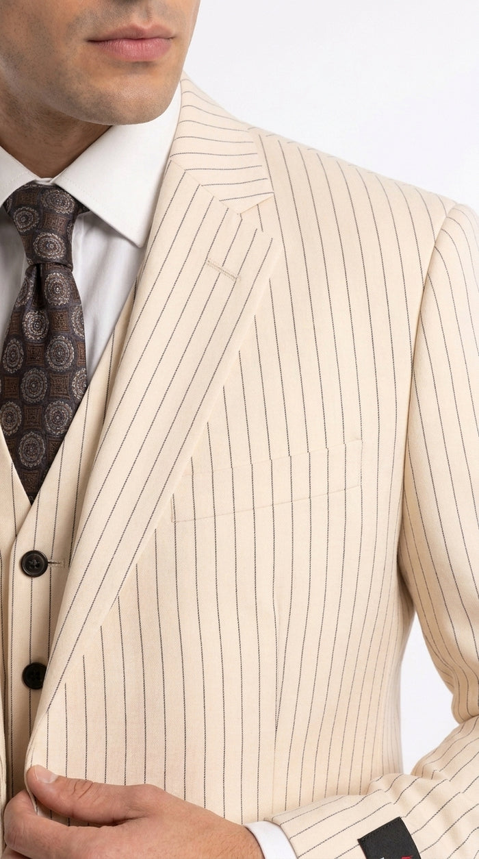 Men’s Ivory Cream Pinstripe Scarface Suit – Vintage Gangster Modern Fit 3-Piece Wedding Suit