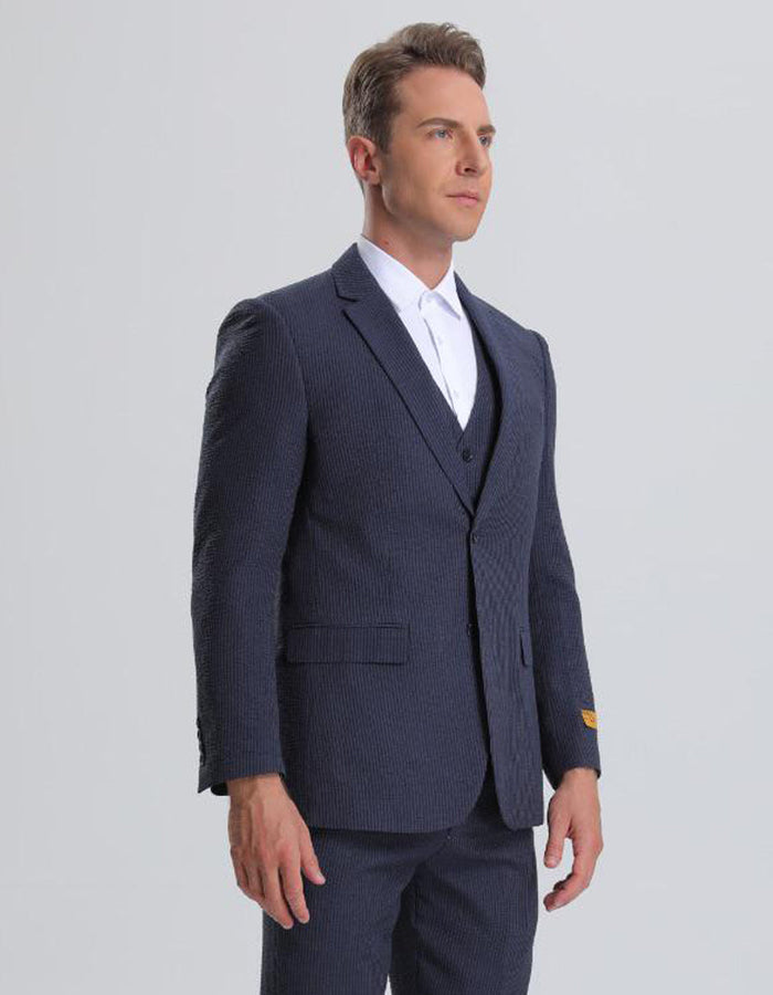 Mens Jacket + Pants Summer Seersucker Suit in Navy on Navy Pinstripe